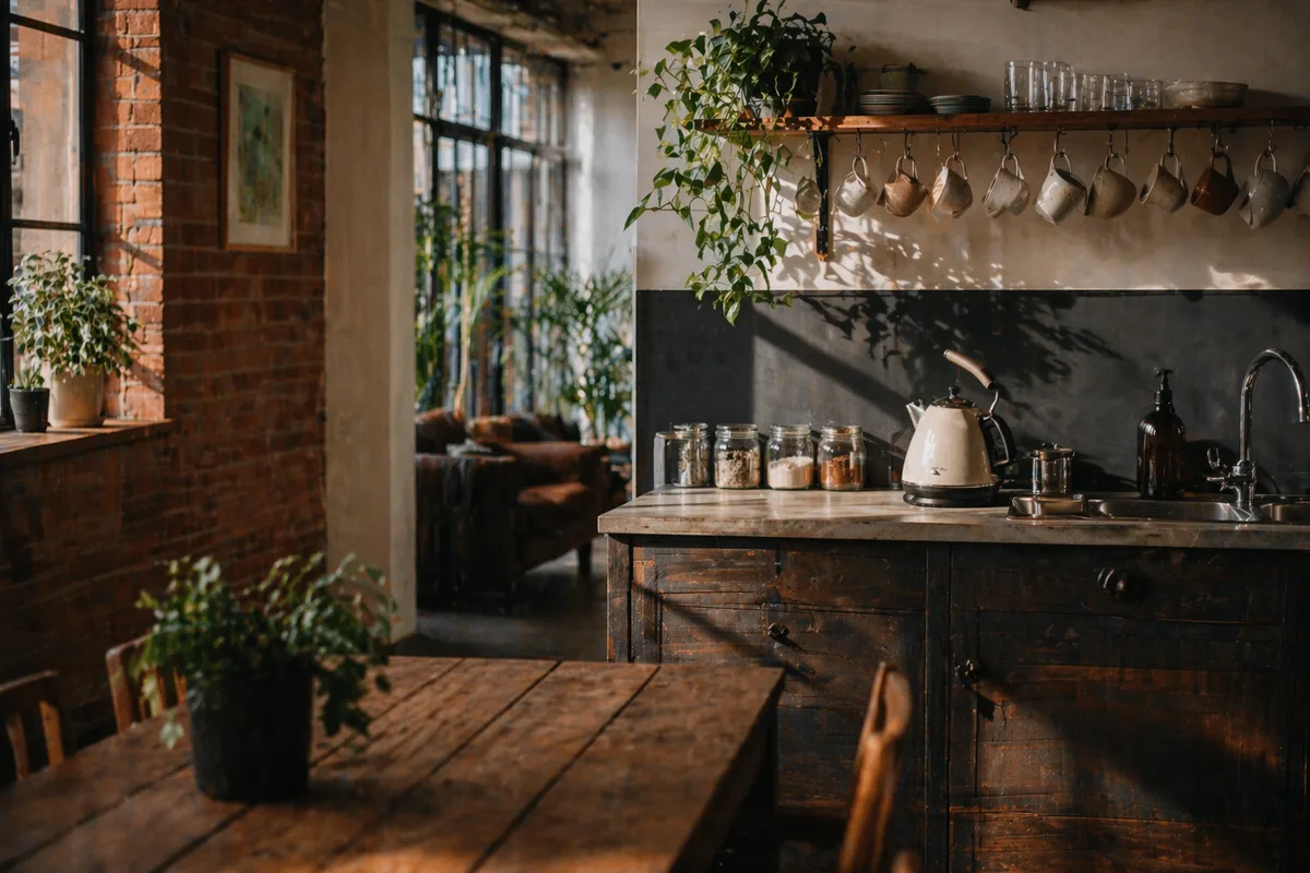 Warm team kitchen and breakout area with mugs on hooks, plants on the windowsill and morning sunlight.
