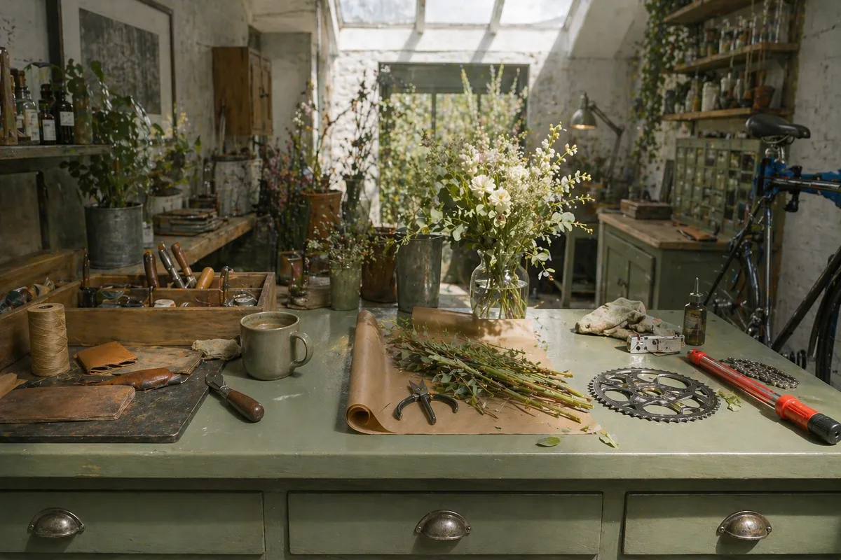 Workbench set up for florist, leather and bike repair work.