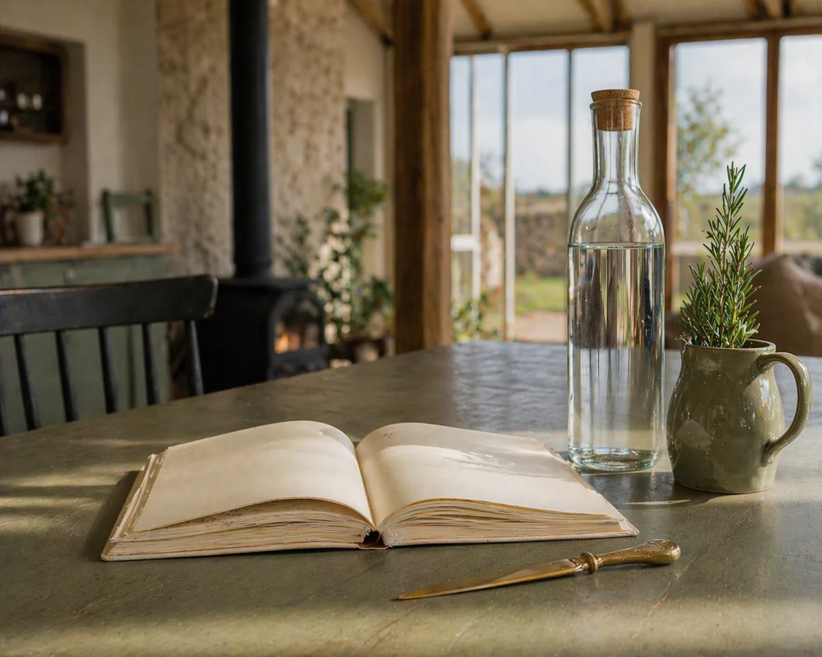 Open hardback journal and mug of tea on a wooden table.