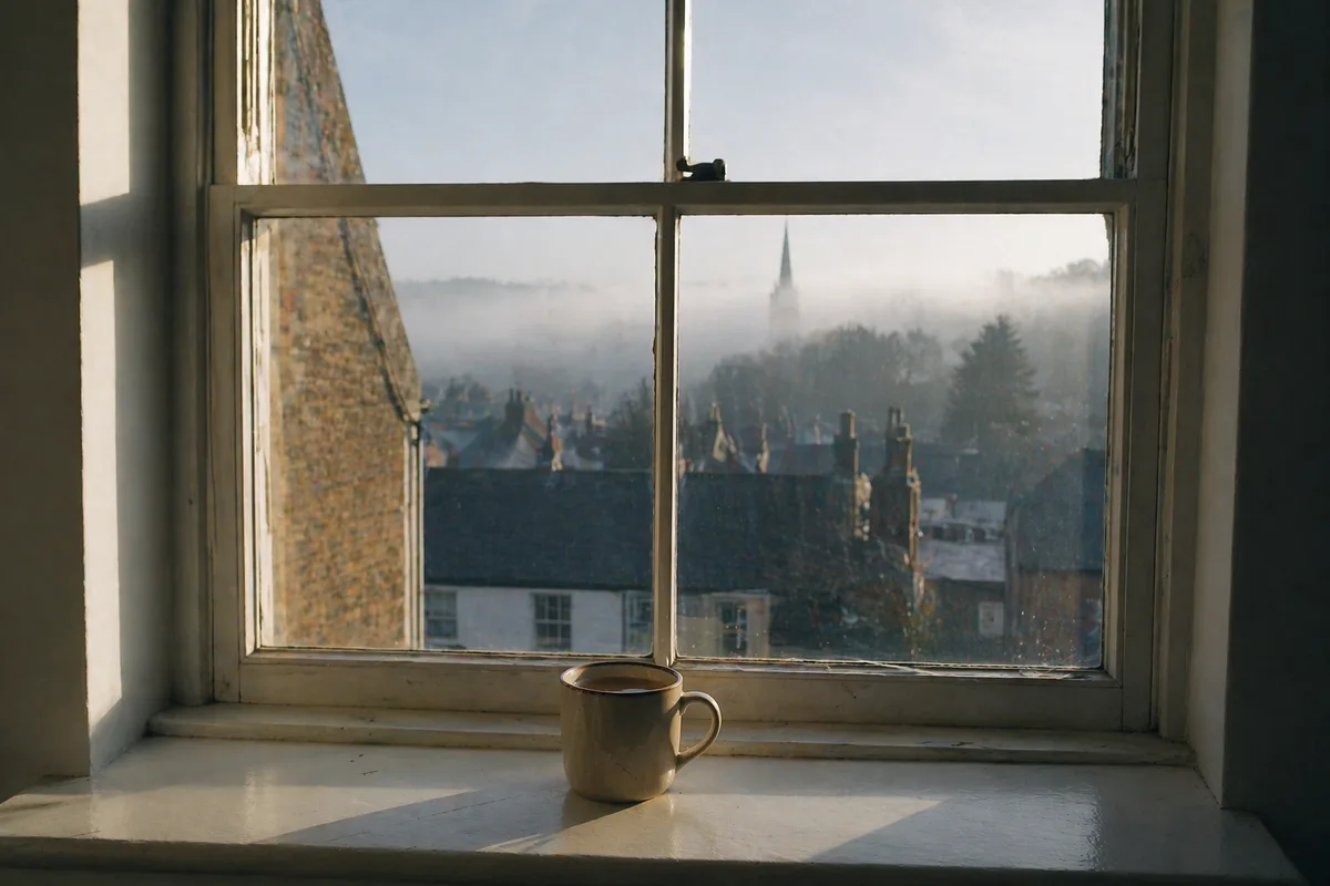Georgian sash window overlooking a misty UK market town at dawn, a stoneware mug on the sill, the calm before a deadline.