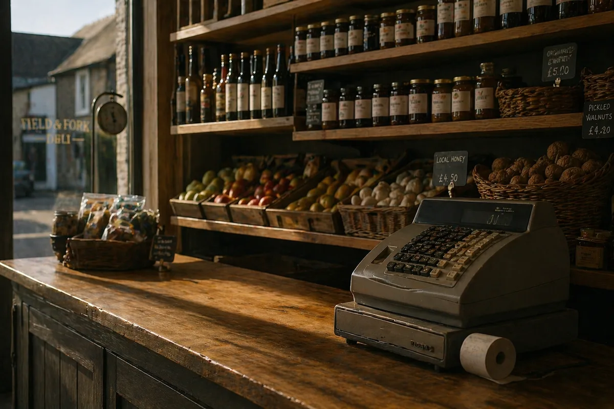 UK farm shop counter with an old cash register, produce shelves and handwritten price cards in warm afternoon light.