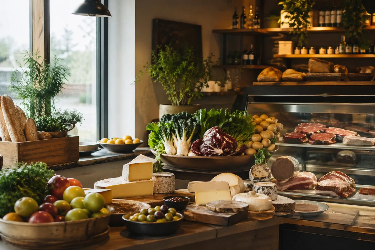 Independent deli counter with produce, cheese and charcuterie.