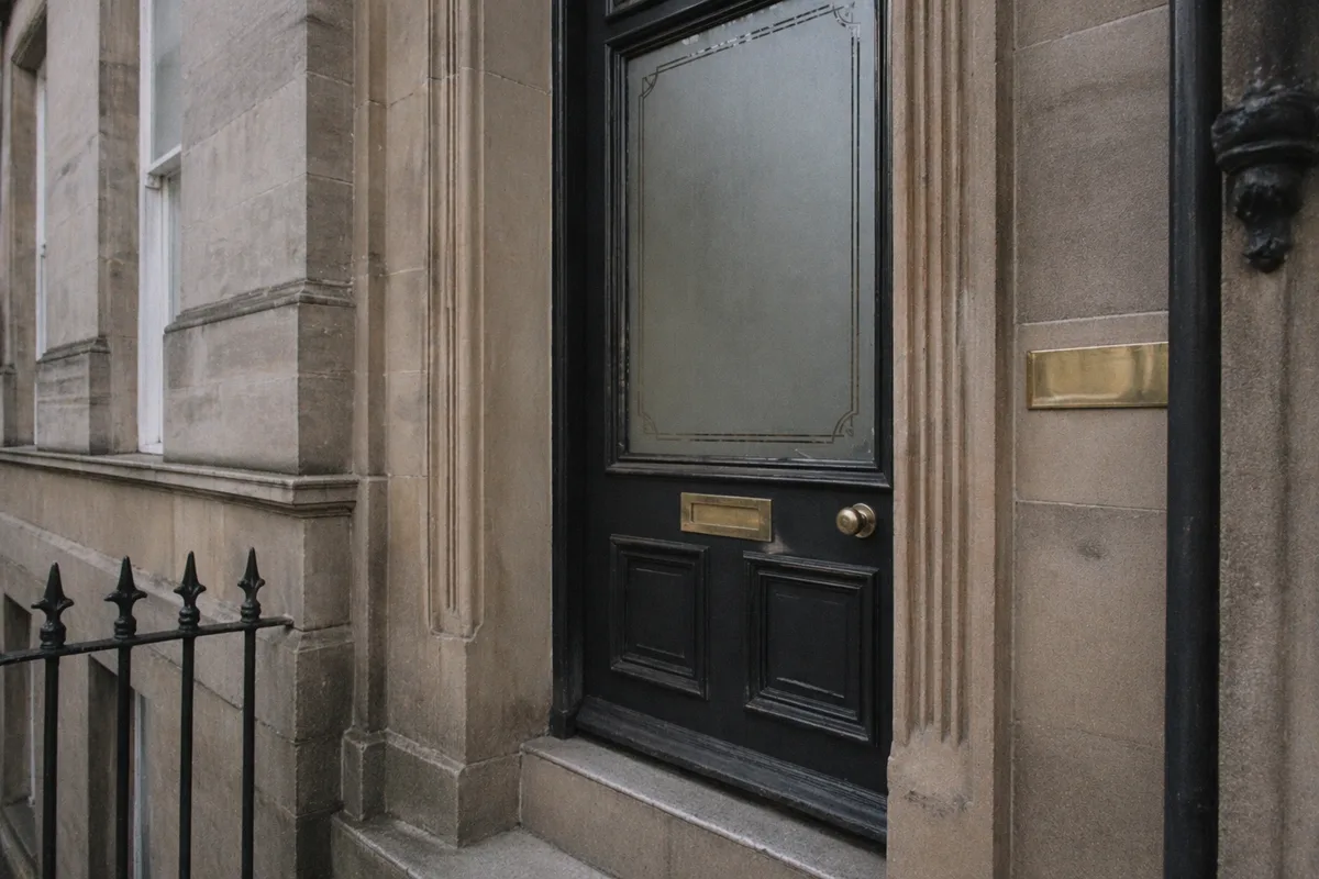 Victorian commercial building entrance with a black painted door, brass letterbox, and sandstone facade in a British city.