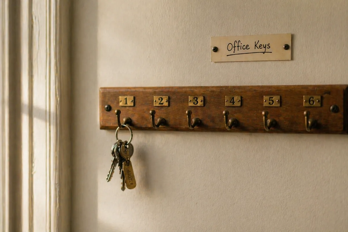 Wooden key board with brass-numbered hooks on a warm plaster wall.