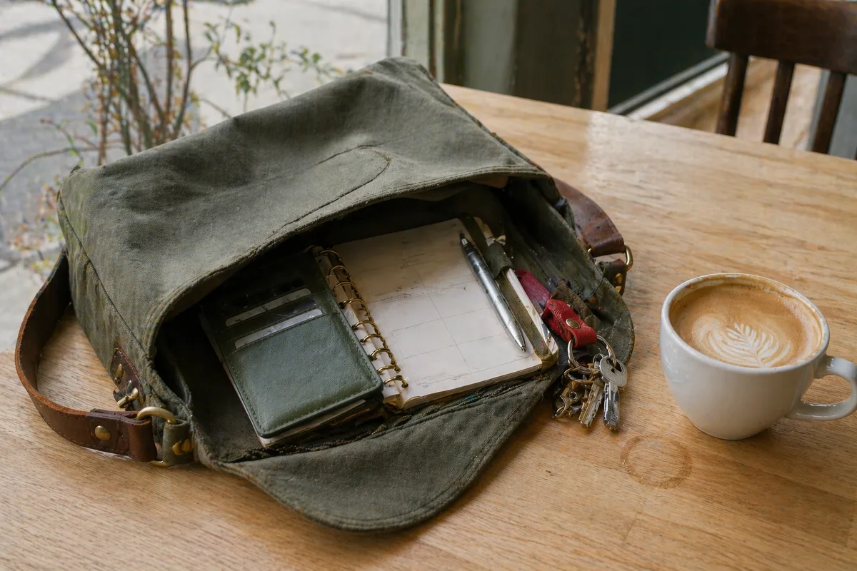 Open canvas messenger bag, planner, keys and coffee on a cafe table.